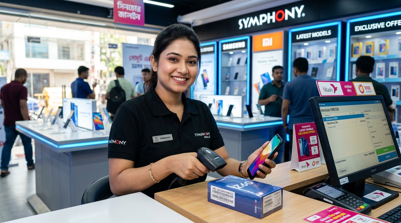 Friendly Mobile Showroom Salesgirl scanning IMEI